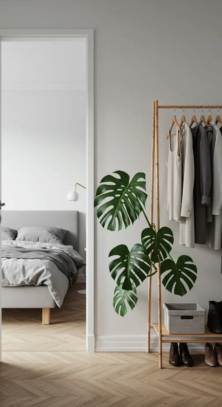 Portant à vêtements en bambou avec une grande feuille de Monstera dans une chambre minimaliste.
