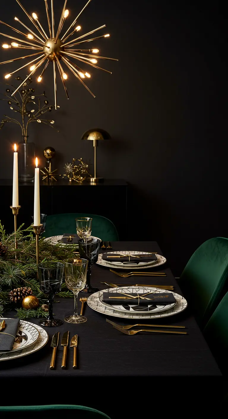 Table de fête chic et sombre avec vaisselle graphique, couverts dorés et chaises vertes.