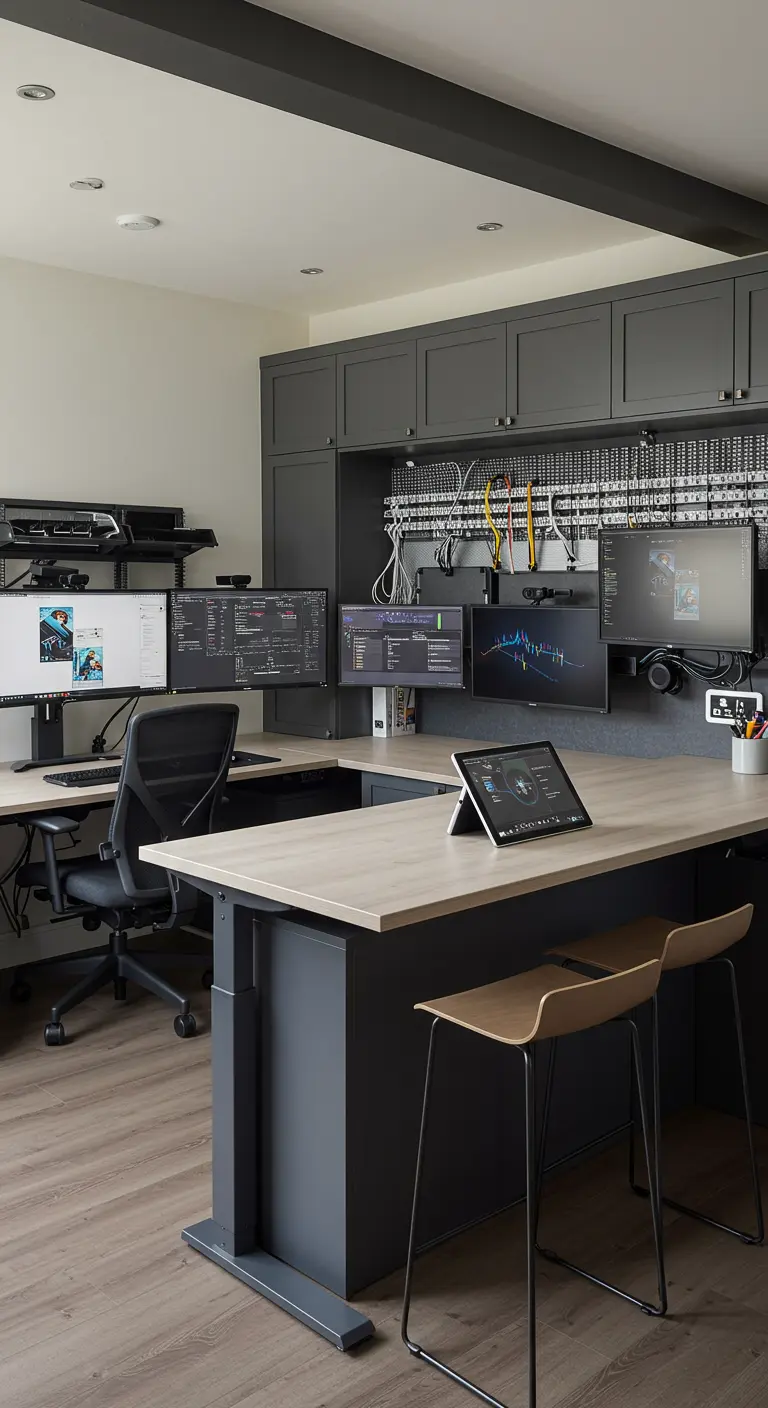 Bureau de haute technologie avec plusieurs écrans et un système de gestion des câbles.