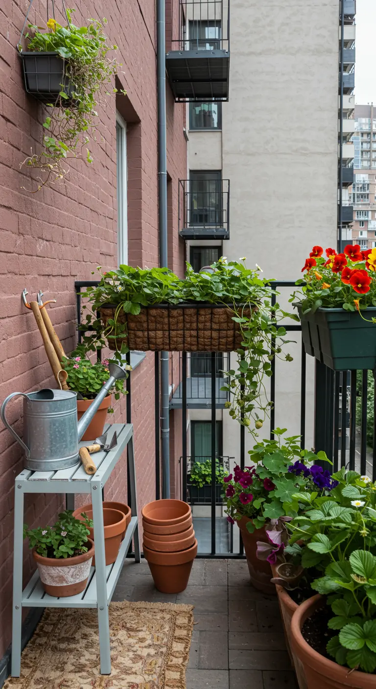 Balcon urbain avec jardinières de fraises sur la rambarde et outils de jardinage.