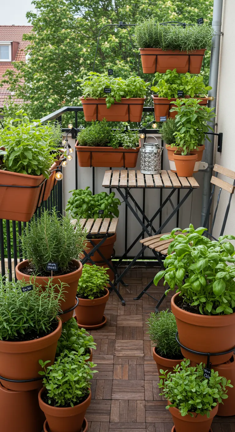 Balcon avec potager vertical d'herbes aromatiques en pots de terre cuite et table pliante.