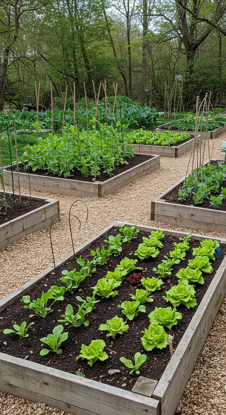 Carrés potagers en bois surélevés avec des plants de salade et de pois.