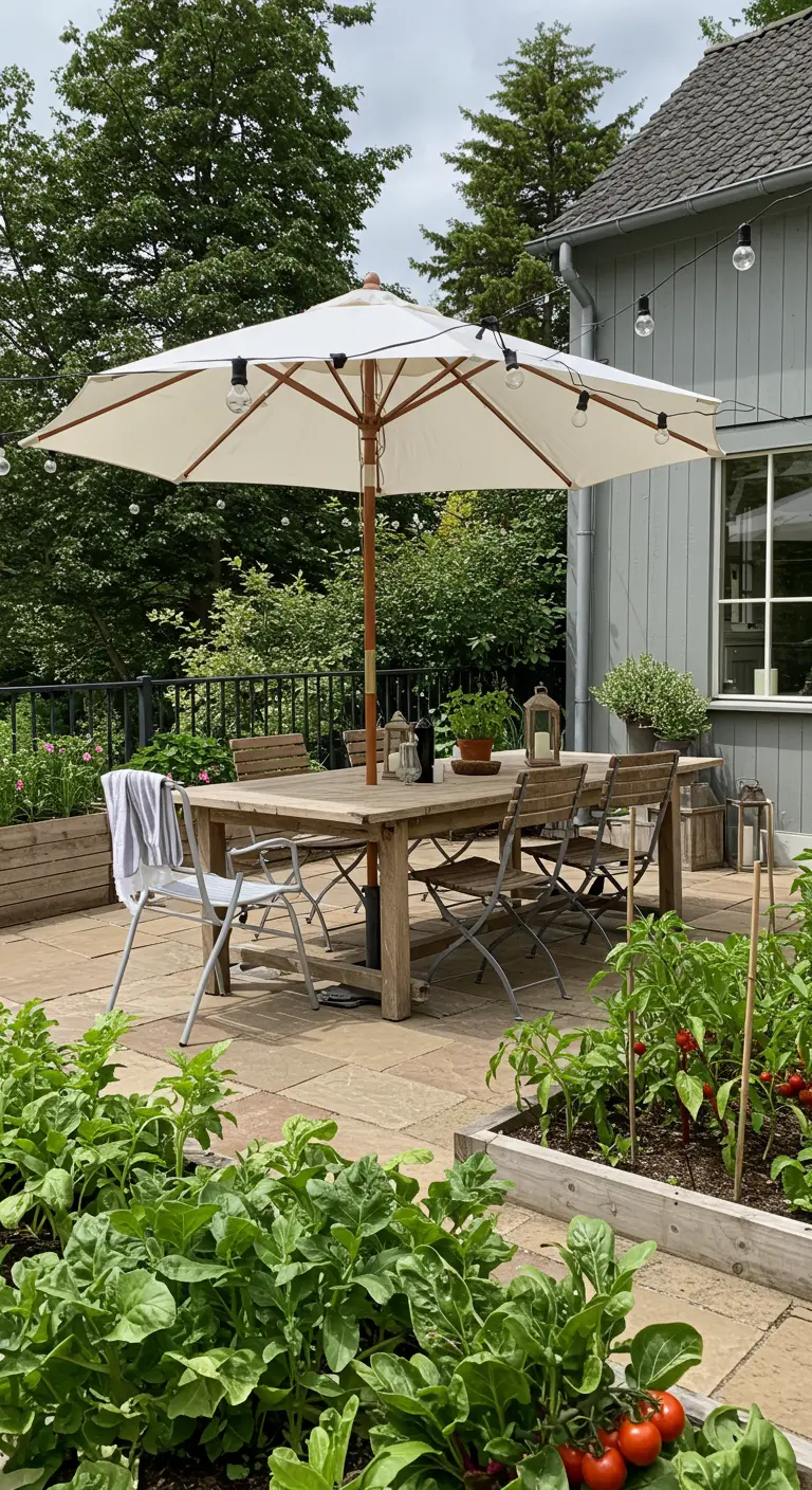 Patio de jardin avec carrés potagers, table en bois, parasol blanc et guirlandes lumineuses.