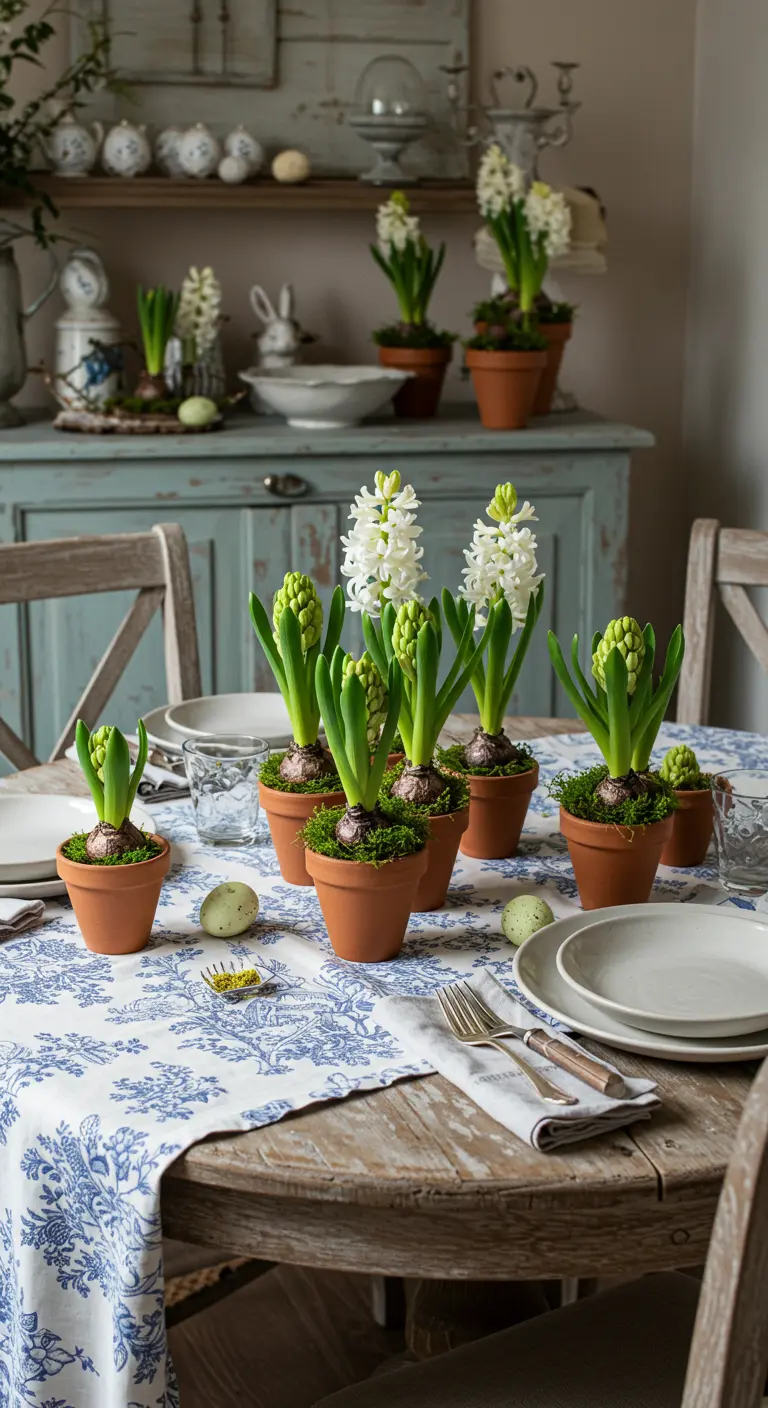 Jacinthes blanches en pot de terre cuite disposées sur une table de Pâques.