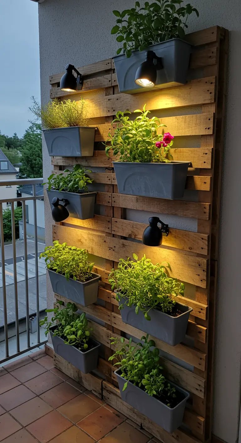 Jardin vertical d'herbes aromatiques en palettes, éclairé par des spots.