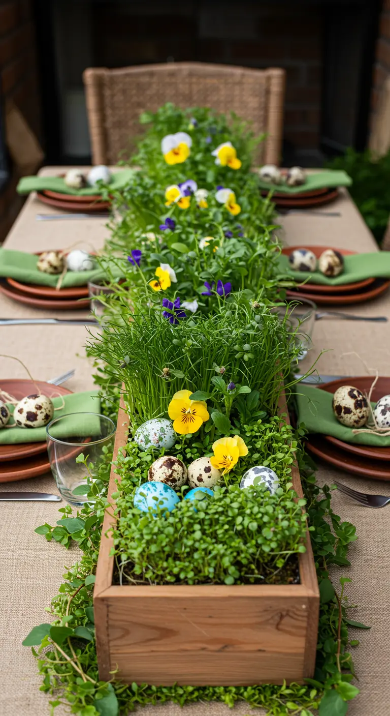 Jardinière en bois remplie de pensées, d'herbes et d'œufs de Pâques colorés.