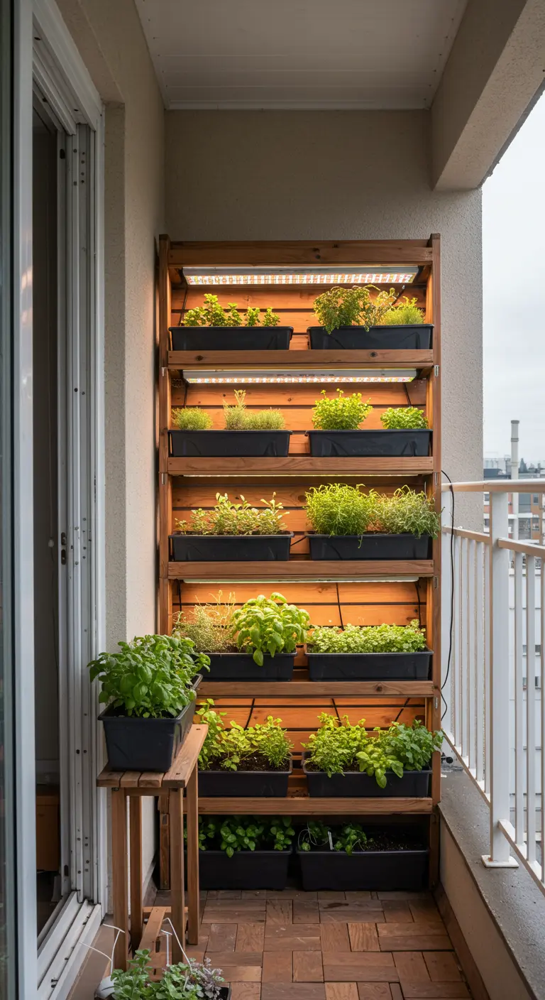 Étagère verticale en bois avec pots d'herbes et éclairage LED intégré sur un balcon.
