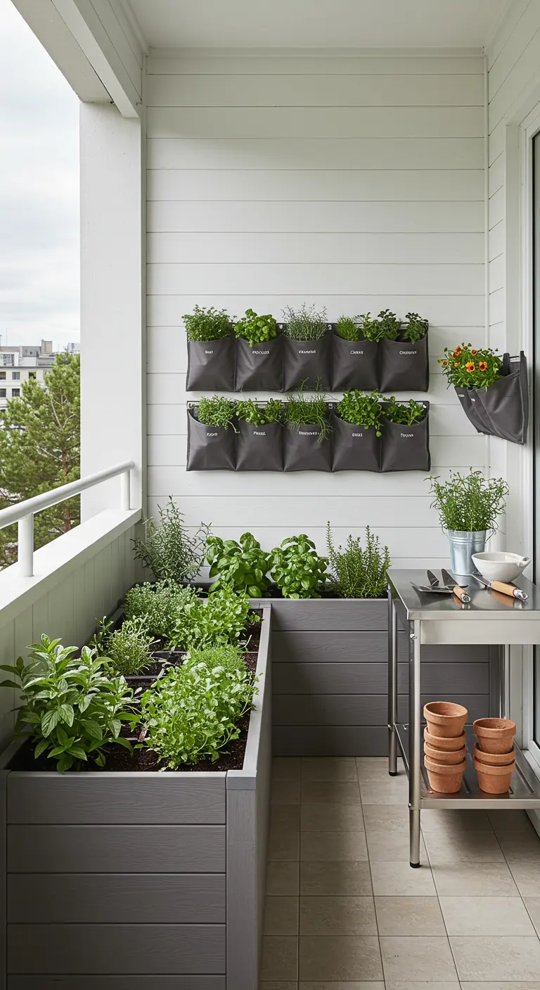 Balcon avec potager modulable en bois composite, mur végétal en tissu et une desserte en inox.