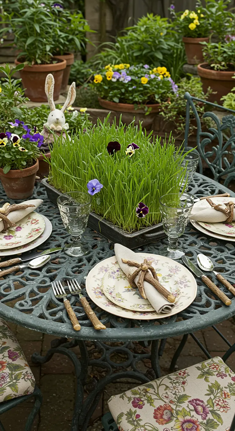 Centre de table composé d'un carré d'herbe fraîche où sont piquées des pensées.