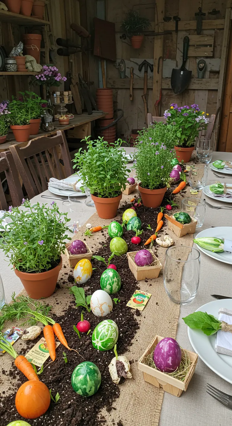 Centre de table de Pâques créatif avec de la terre, des légumes et des œufs colorés.