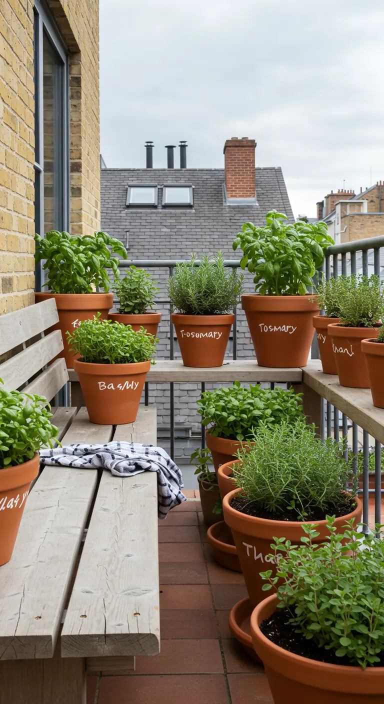 Plusieurs pots en terre cuite avec des herbes aromatiques et leurs noms écrits dessus.