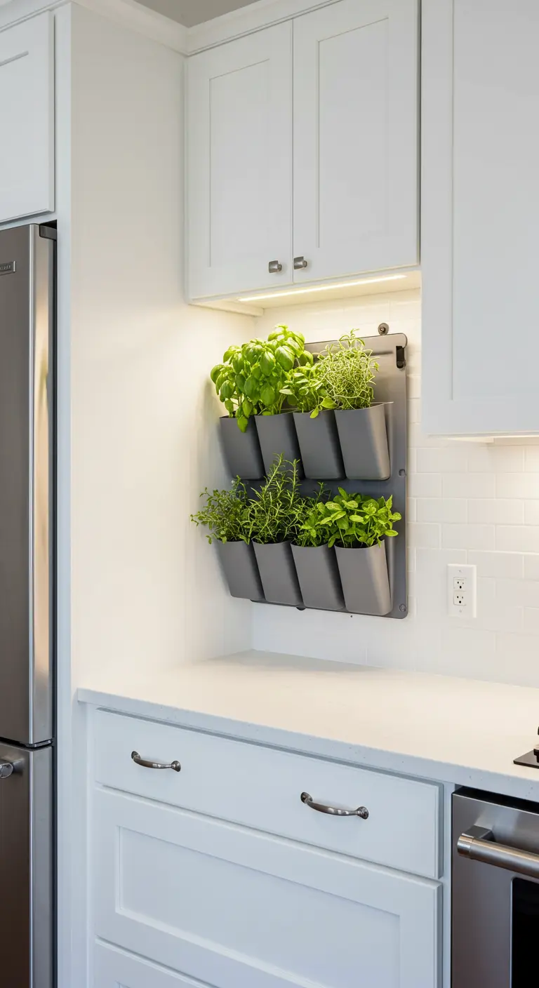 Un support mural gris avec six compartiments remplis d'herbes aromatiques dans une cuisine blanche.