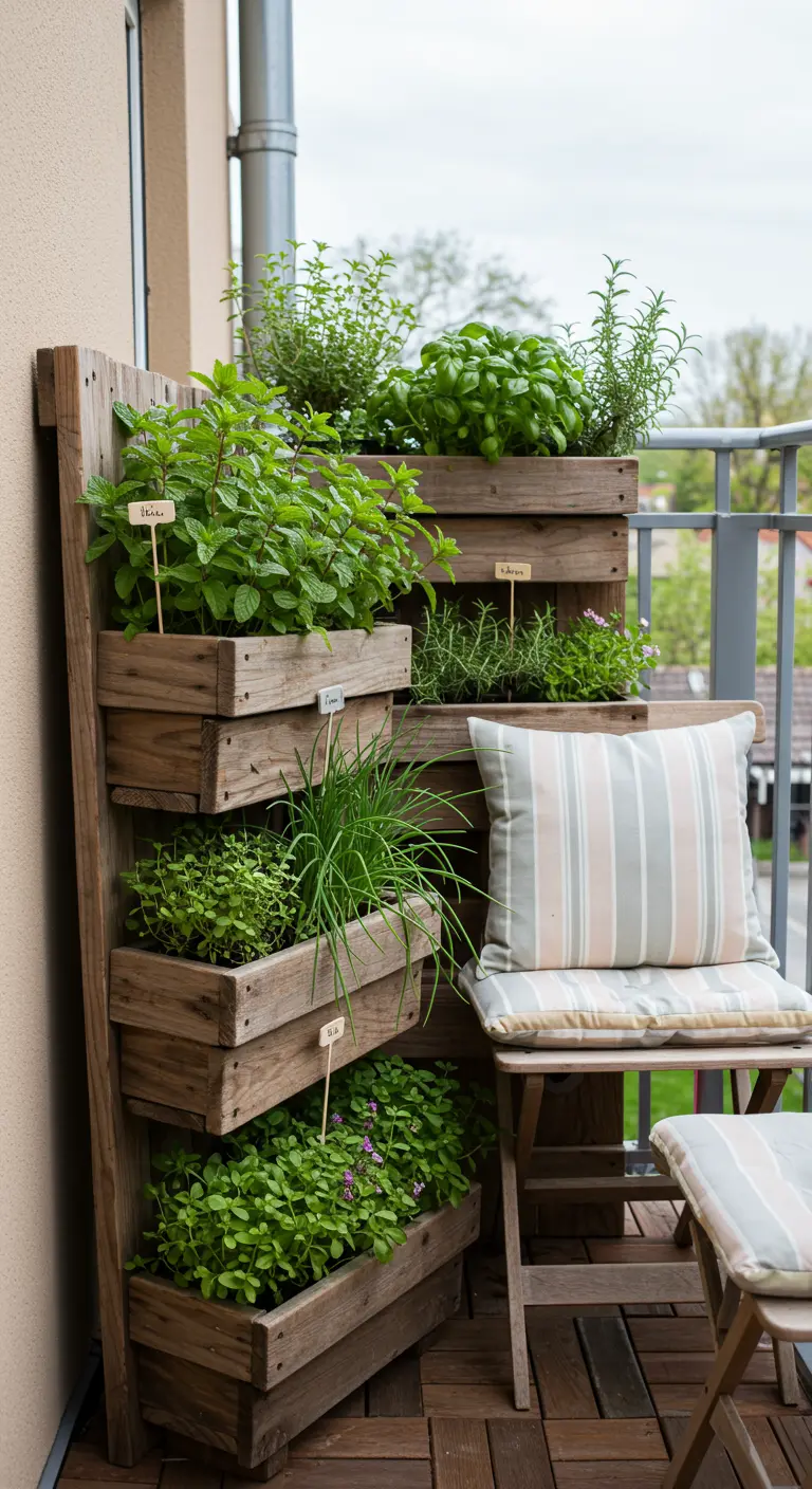 Jardin vertical DIY avec des caisses en bois remplies d'herbes aromatiques.