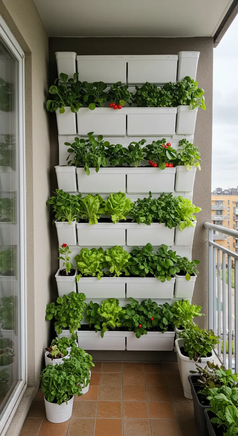 Jardin vertical blanc modulaire avec des laitues, fraises et herbes.