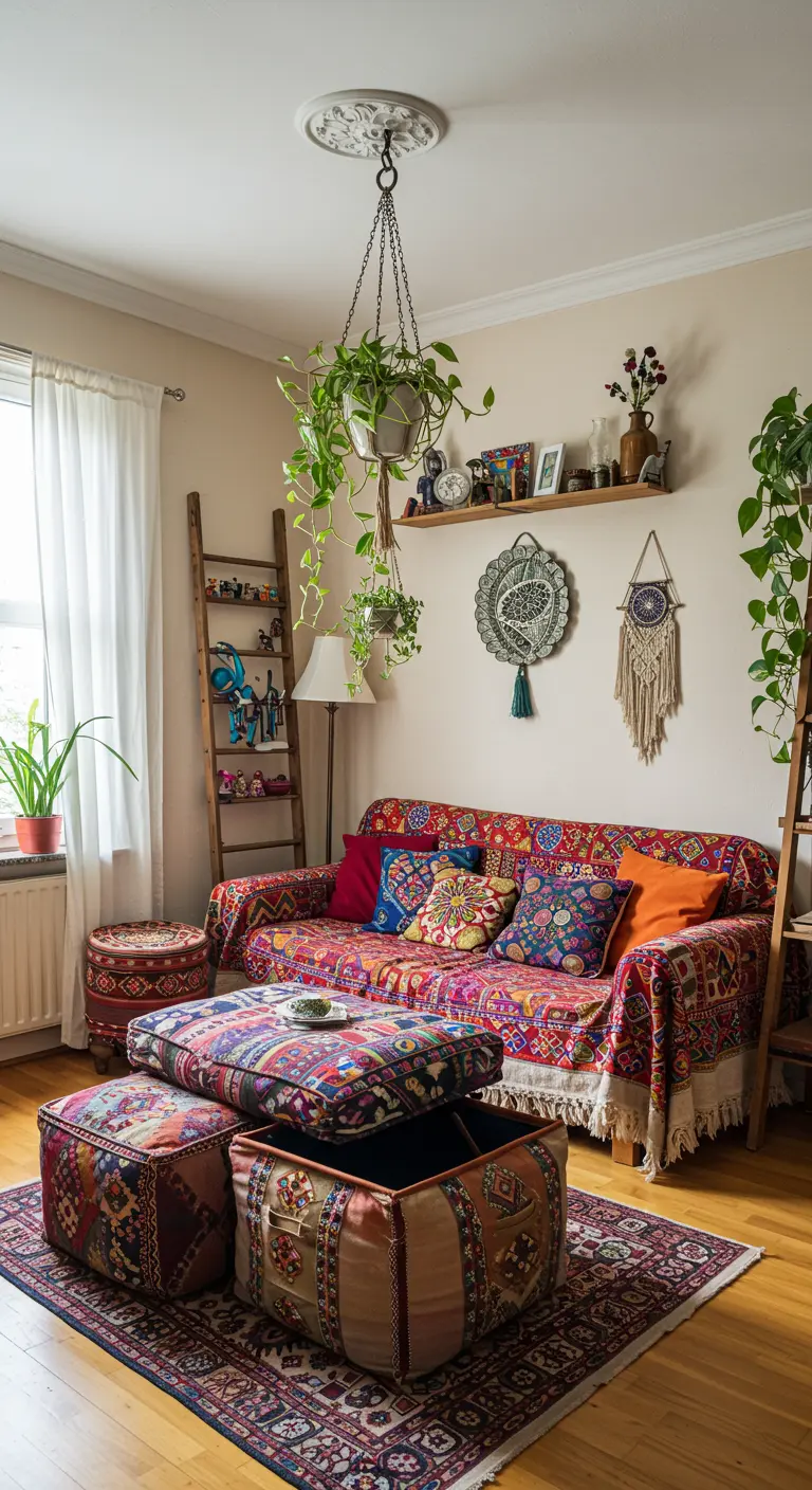 Salon bohème coloré avec canapé à motifs, poufs de rangement et plantes.