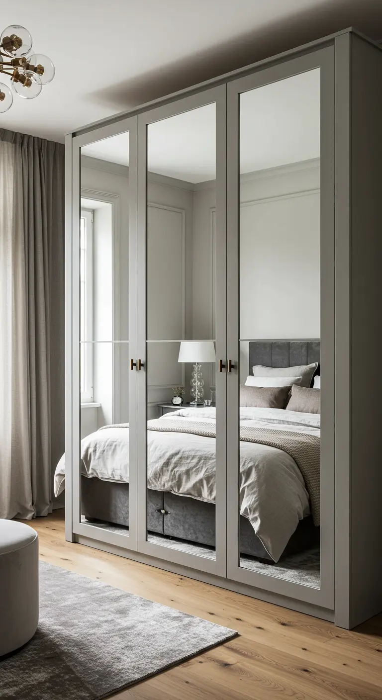 Dressing à trois portes entièrement recouvertes de miroirs, reflétant le lit.