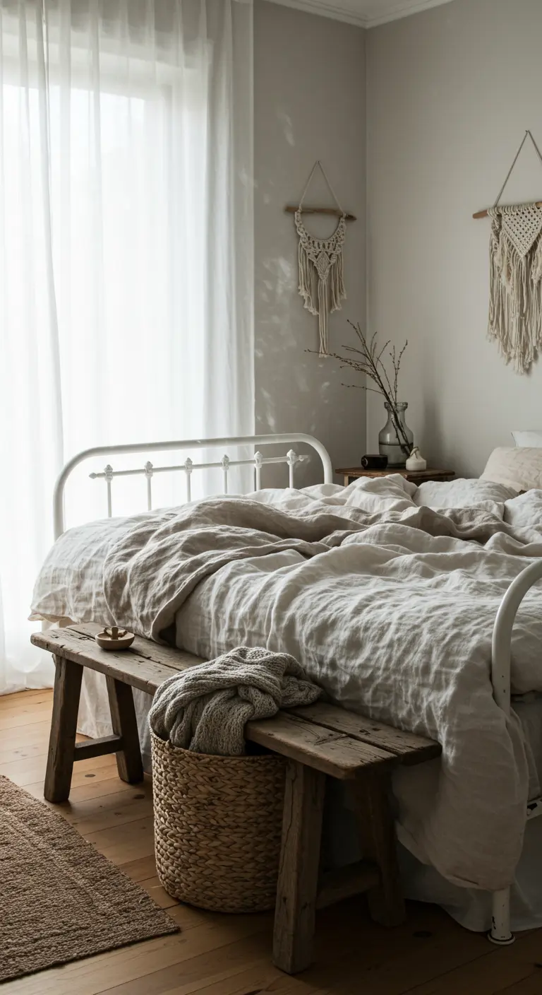 Lit avec parure en lin beige, banc en bois rustique et décorations murales en macramé.