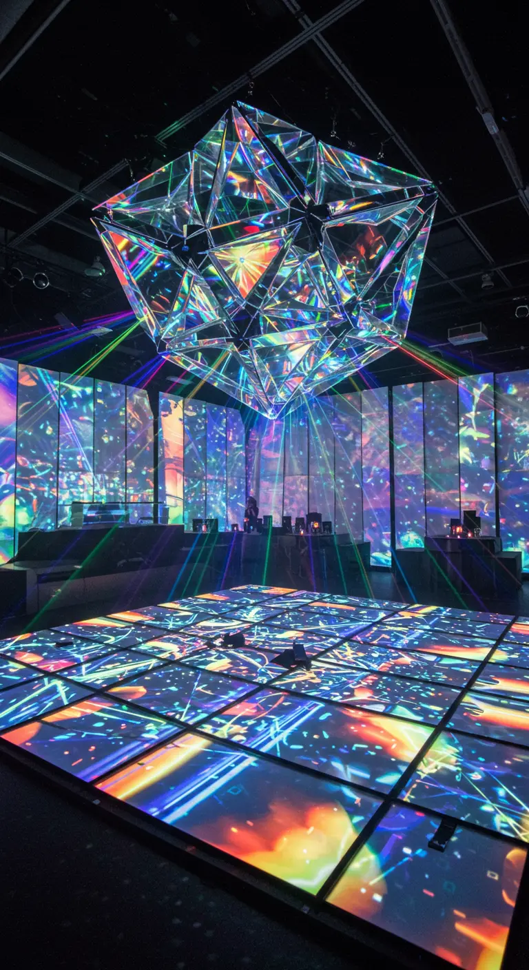 Une grande sculpture géométrique à miroirs suspendue au-dessus d'une piste de danse.