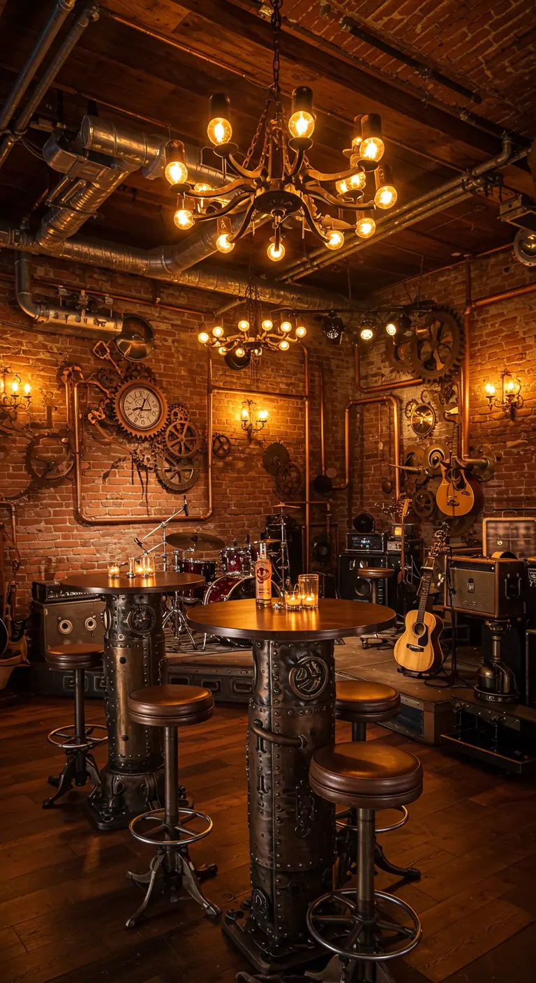 Bar de style steampunk avec des engrenages, des briques et des guitares.