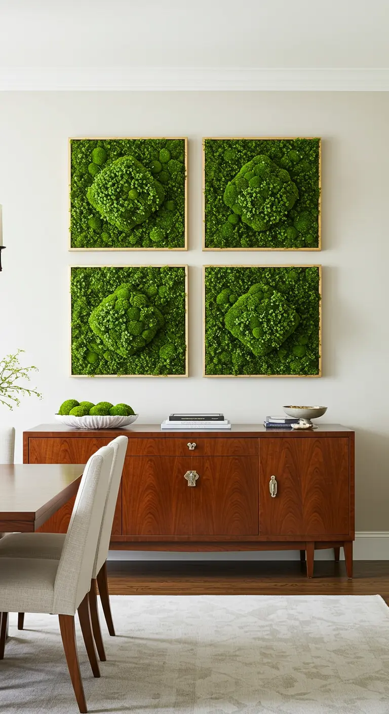 Quatre cadres en bois clair contenant de la mousse boule verte, disposés en carré au-dessus d'un buffet.