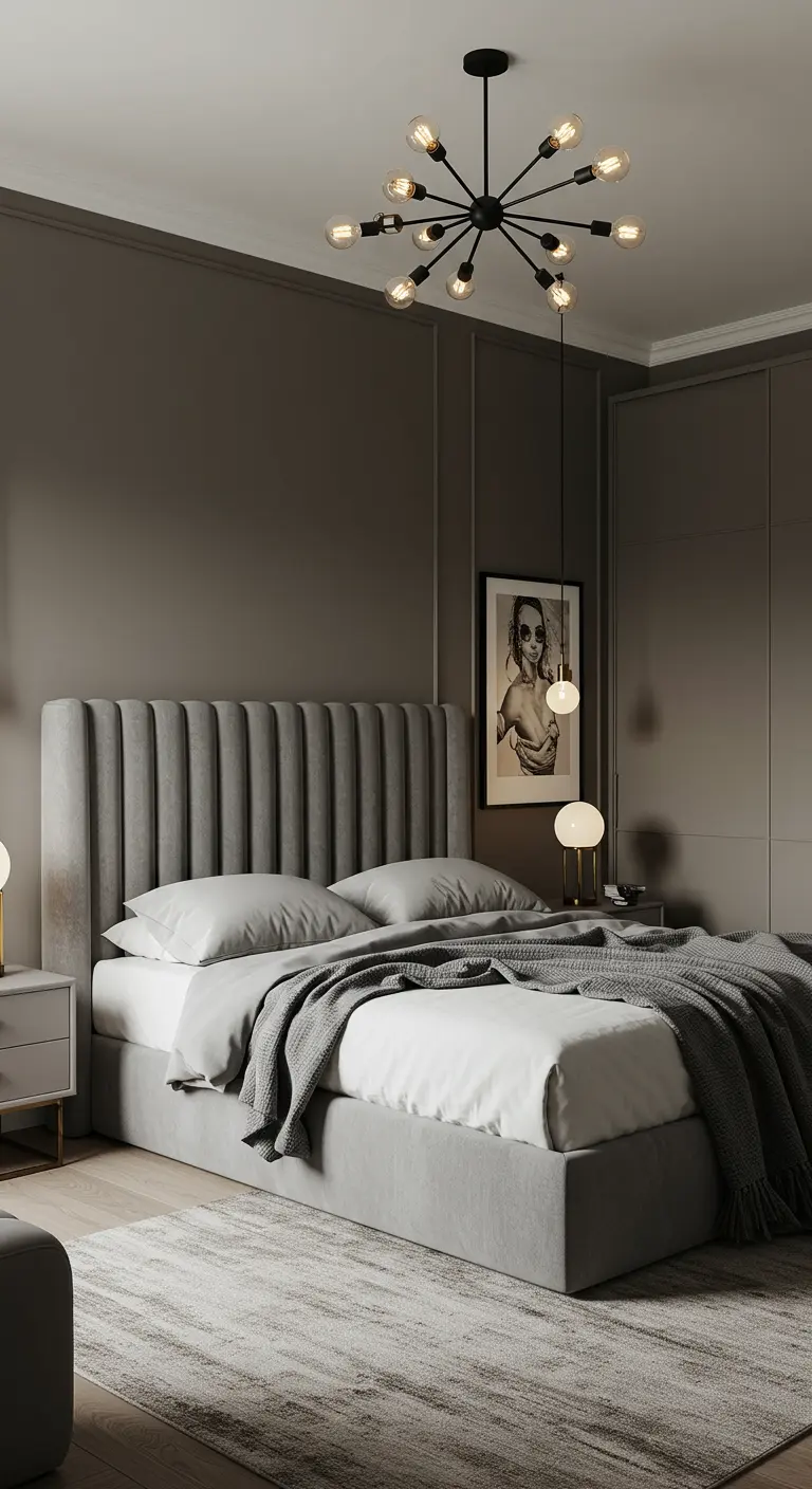Chambre élégante dans les tons de gris avec une tête de lit capitonnée.