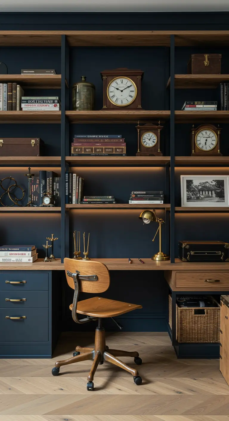 Bureau intégré dans une bibliothèque sur mesure peinte en bleu nuit, avec éclairage LED et détails en laiton.