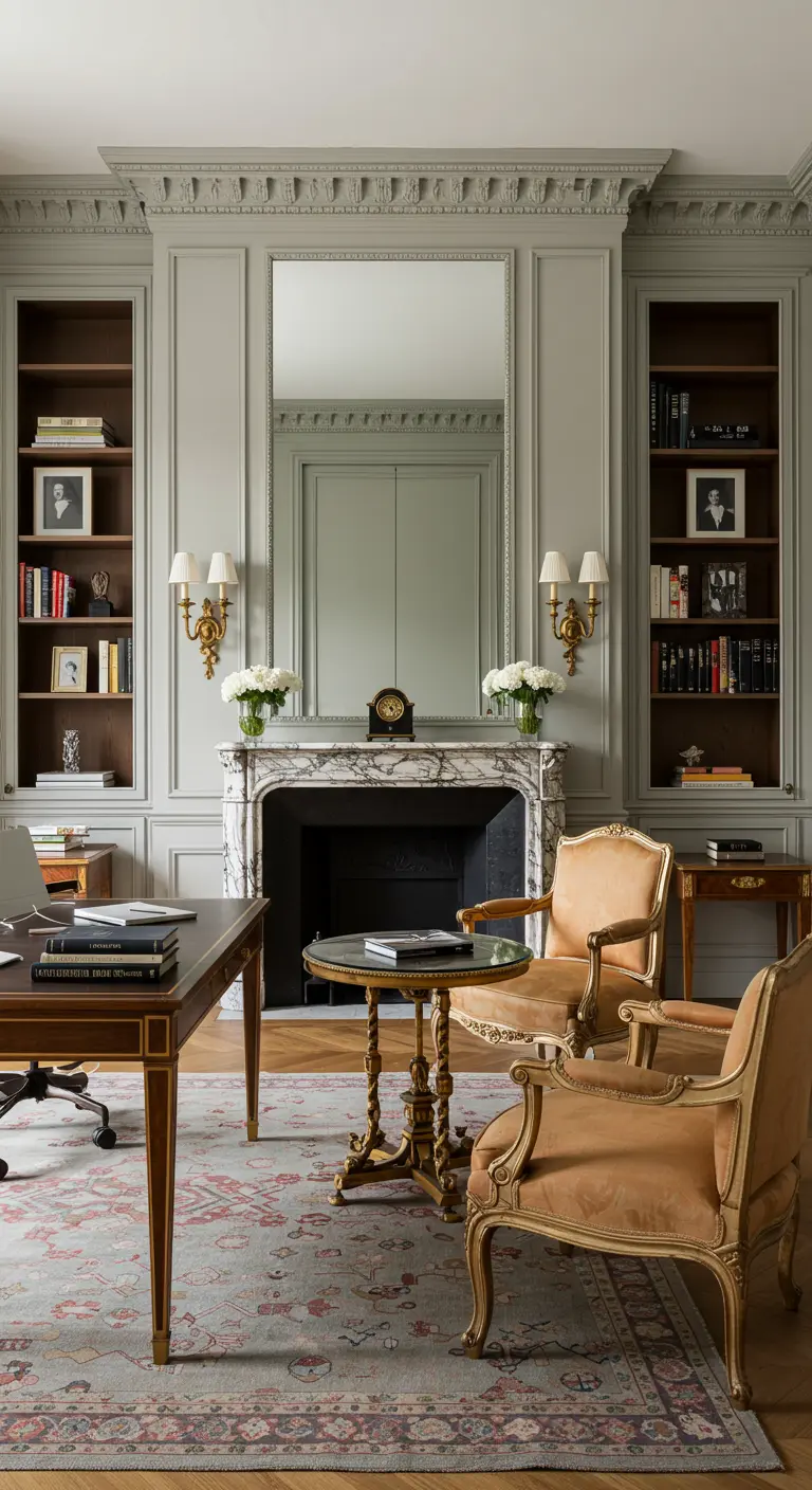 Bureau classique dans un intérieur haussmannien avec cheminée en marbre et moulures.
