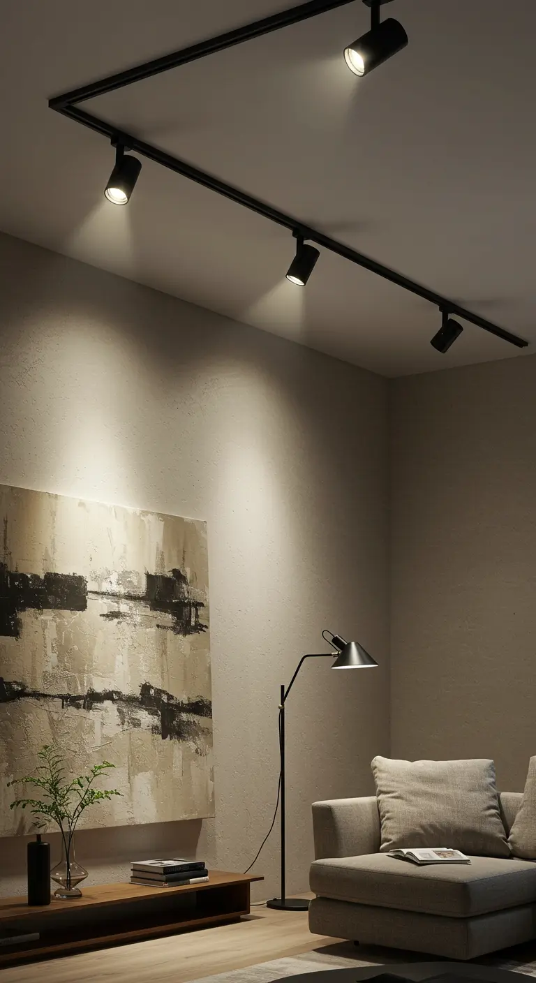 Un rail de spots noirs au plafond éclairant un grand tableau abstrait.