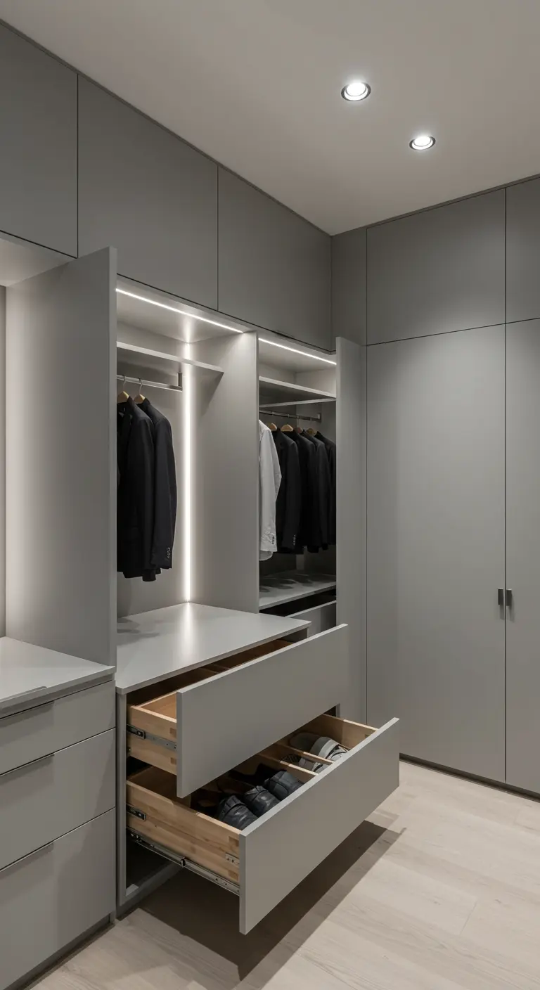 Dressing gris minimaliste avec tiroirs bas coulissants pour le rangement des chaussures.