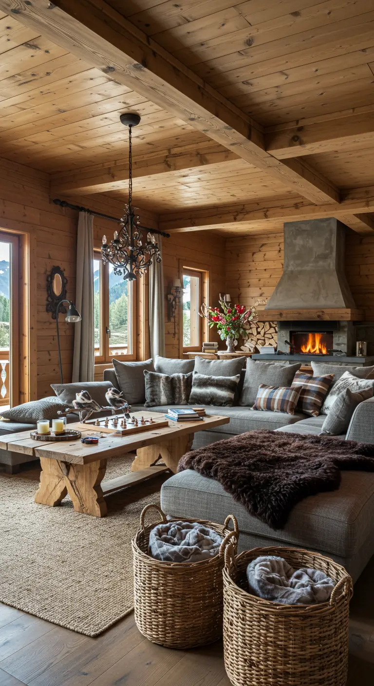 Canapé d'angle gris dans un chalet, avec paniers en osier contenant des plaids.