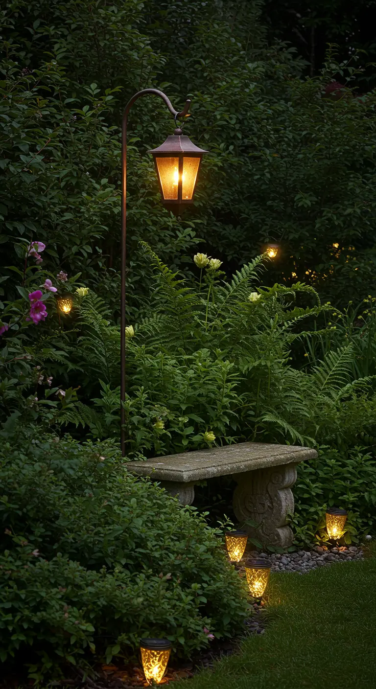 Un banc de jardin en pierre éclairé par une lanterne suspendue au milieu de la verdure.
