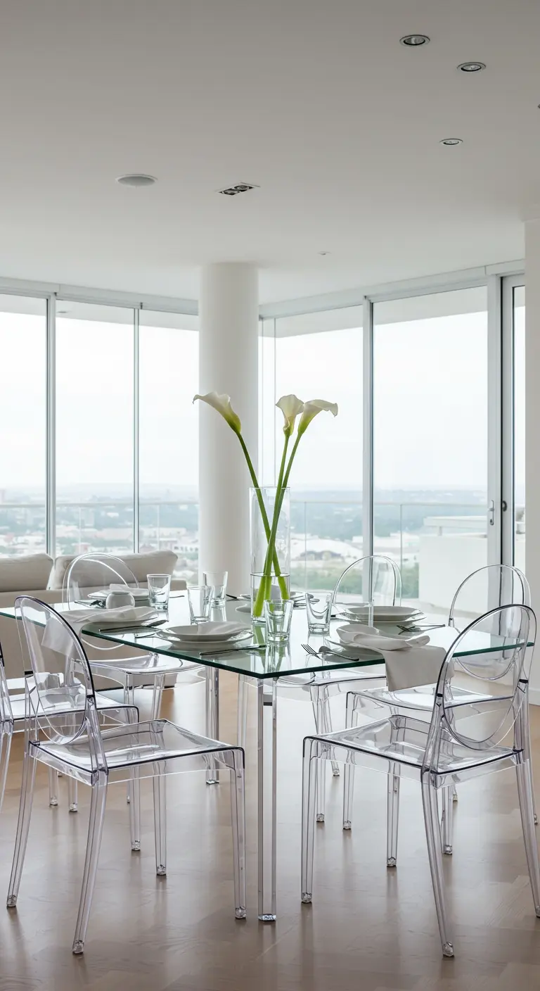 Salle à manger minimaliste et moderne avec une table en verre, des chaises transparentes et des callas.