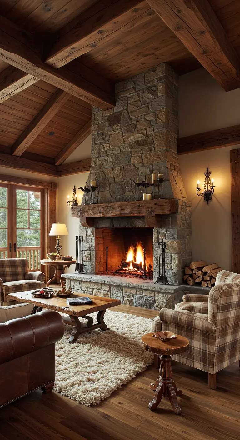 Salon rustique avec immense cheminée en pierre, poutres apparentes et mobilier en cuir.