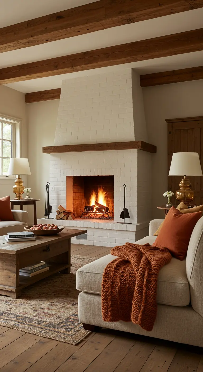 Salon rustique avec cheminée en briques blanches, plaid et coussin terracotta.