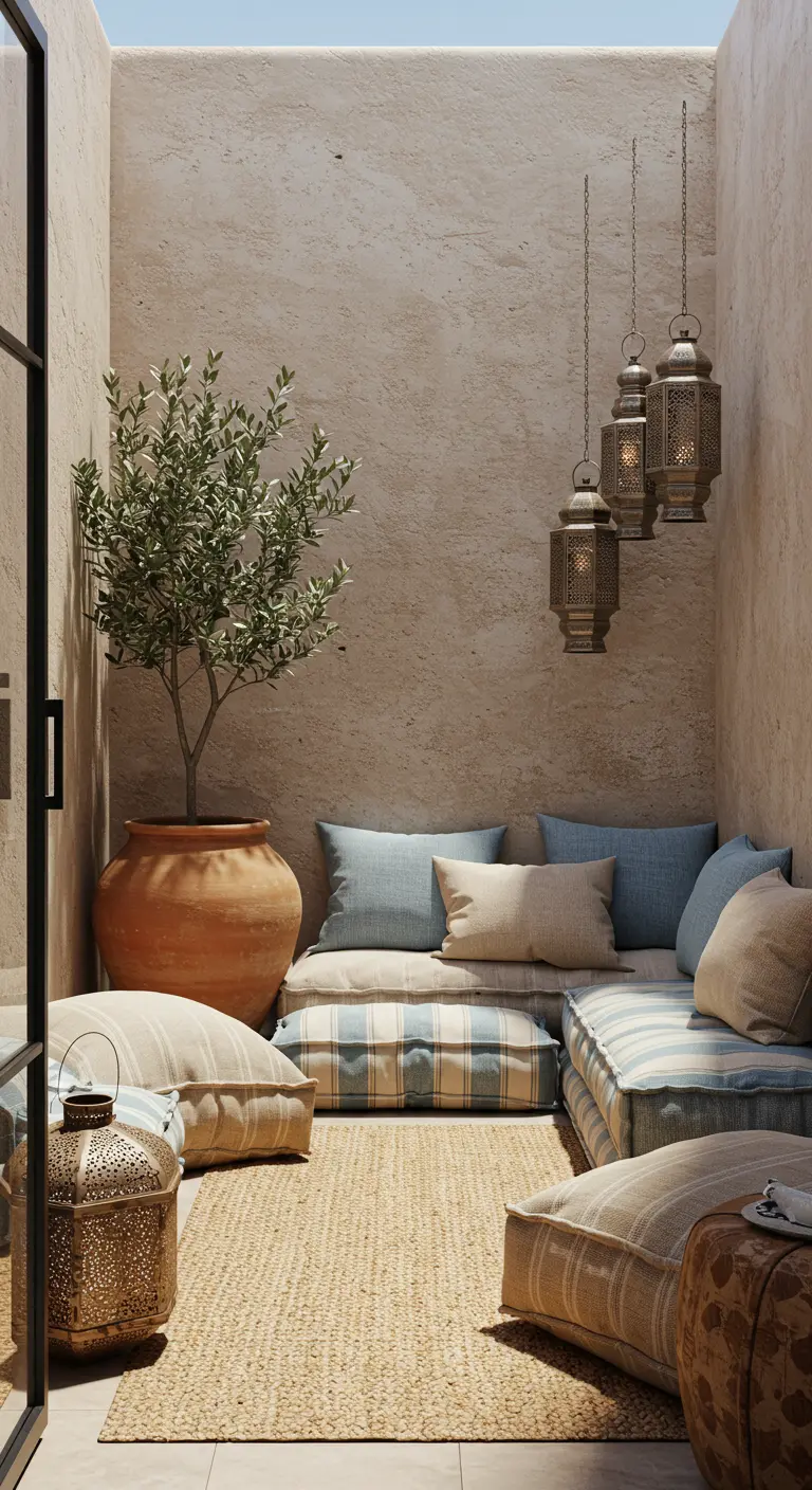Coin détente avec des coussins au sol, des lanternes marocaines et un tapis en jute.
