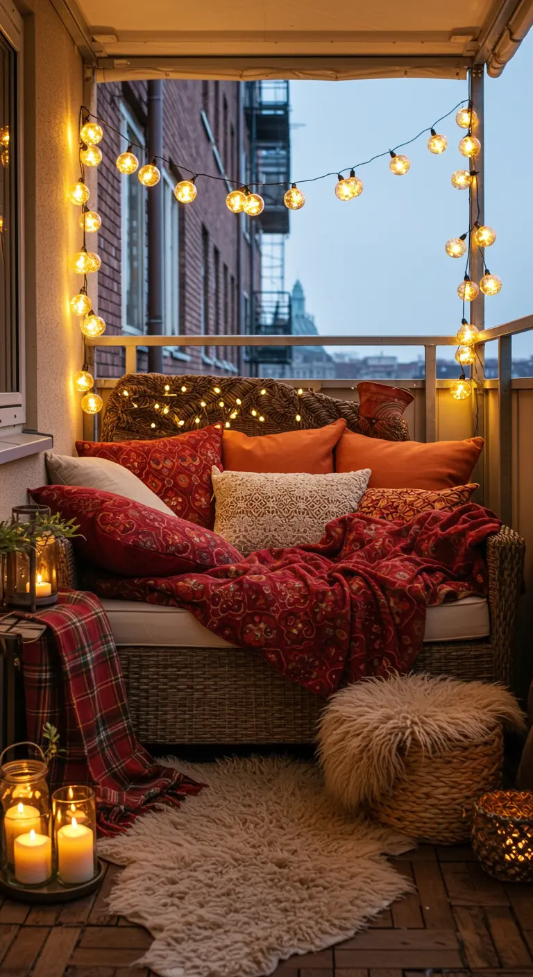 Canapé de balcon surchargé de coussins et plaids aux tons chauds, avec des lanternes.