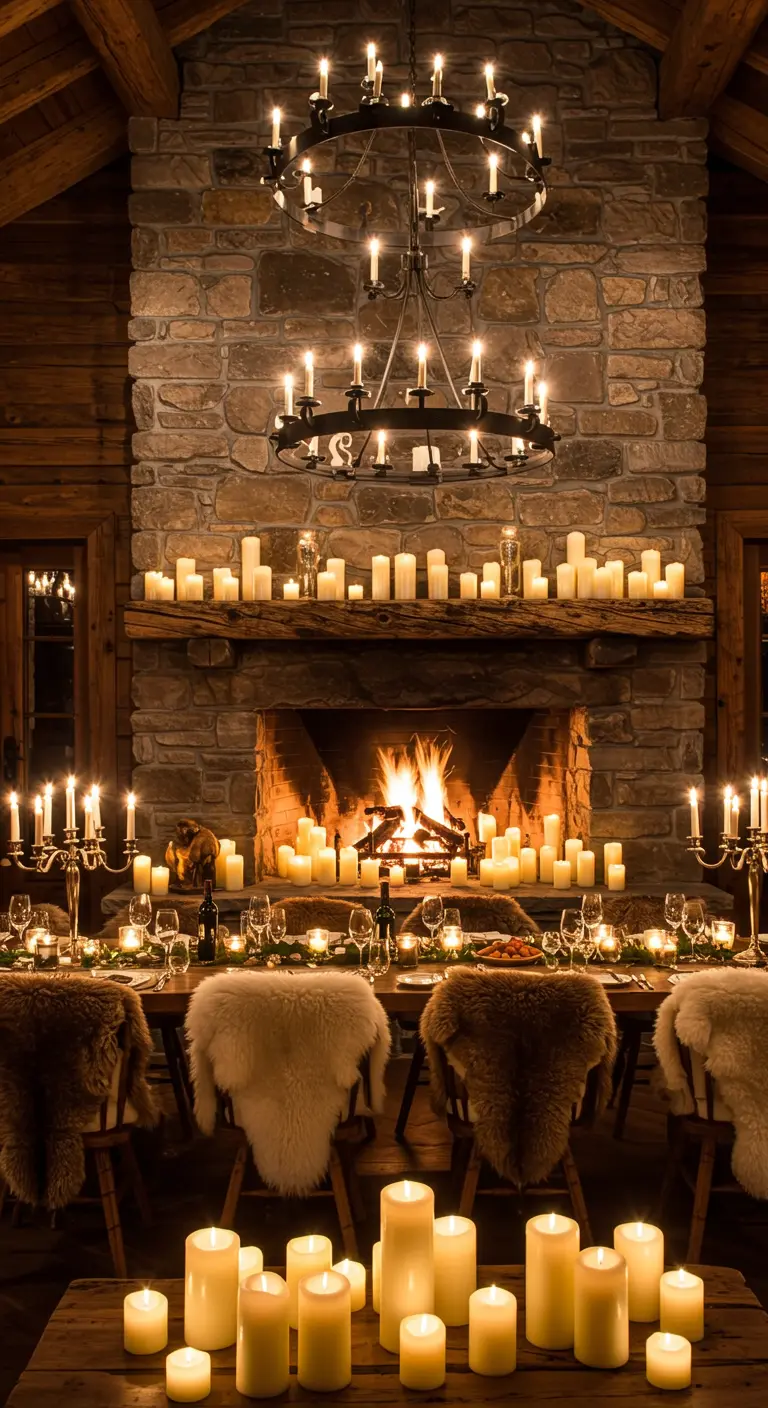 Intérieur de chalet rustique avec une cheminée et des centaines de bougies allumées.