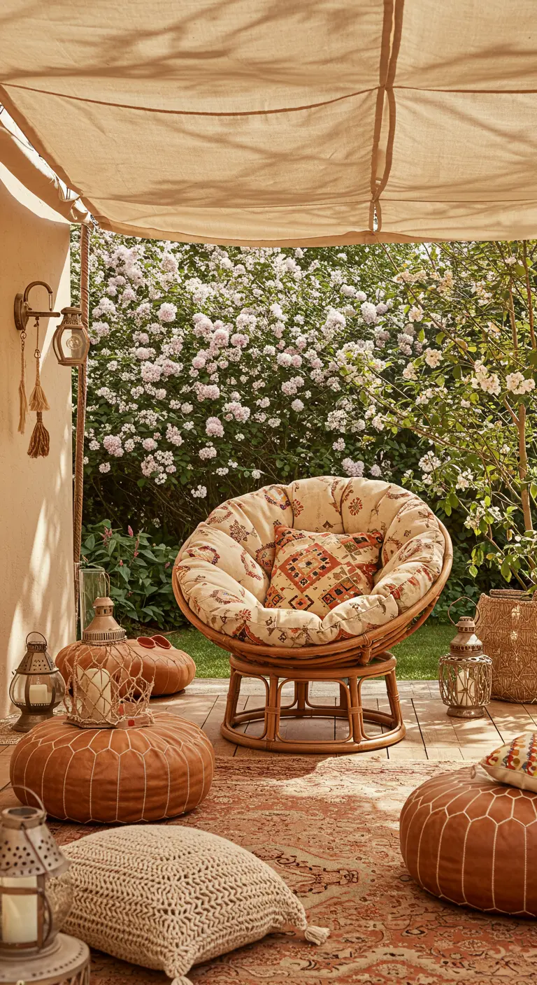 Fauteuil papasan fleuri sous une pergola avec poufs en cuir, tapis et lanternes, dans un jardin fleuri.