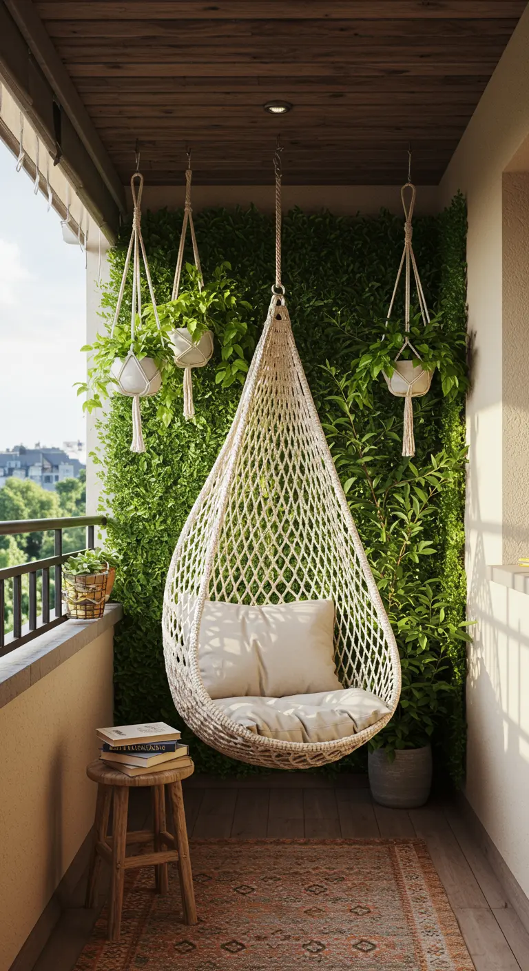 Fauteuil suspendu en macramé sur un balcon devant un petit mur végétal.