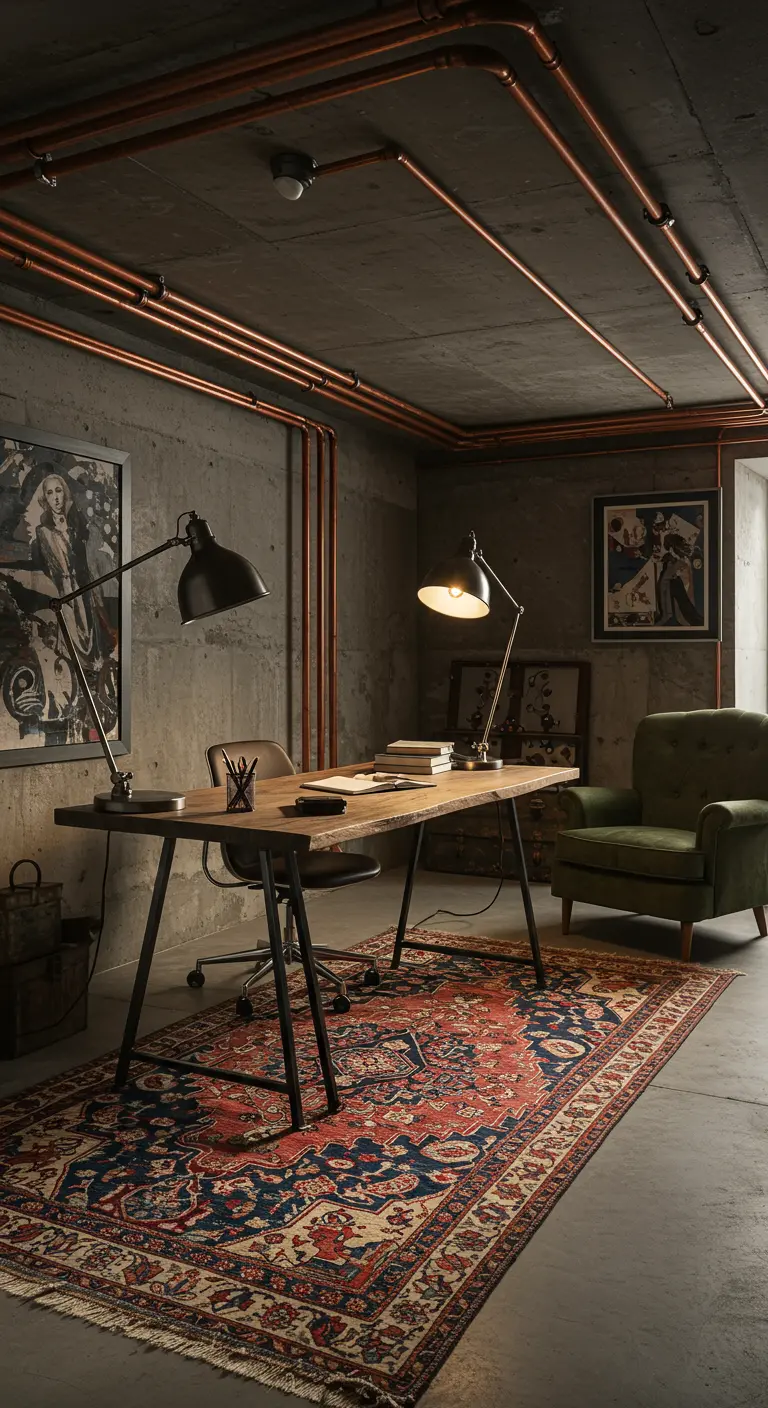 Bureau sombre avec murs en béton, tuyaux de cuivre et tapis persan.