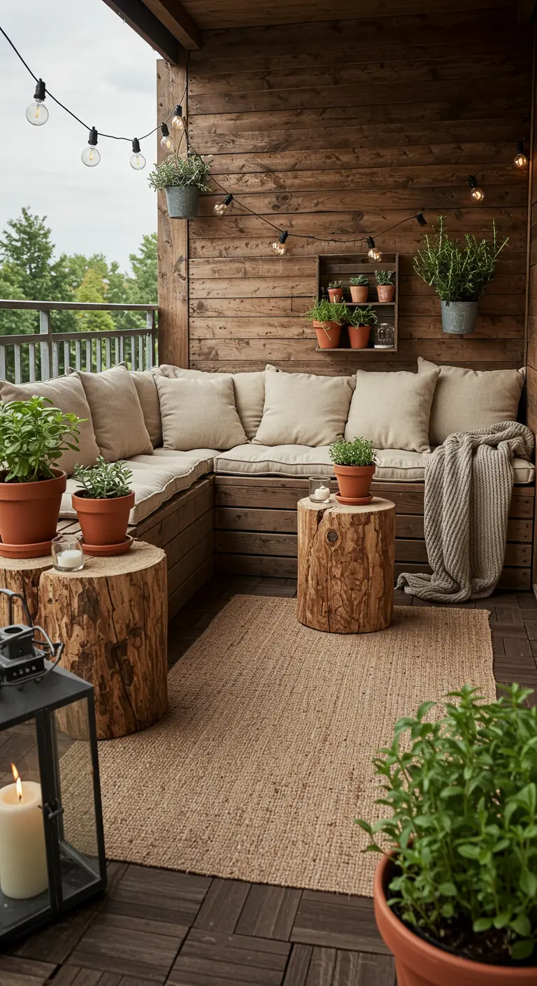 Balcon cosy en bois brut avec banquette d'angle, tables en tronc d'arbre et guirlandes.