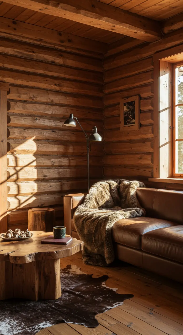 Coin salon en bois avec canapé en cuir, plaid en fausse fourrure et table basse en bûche.