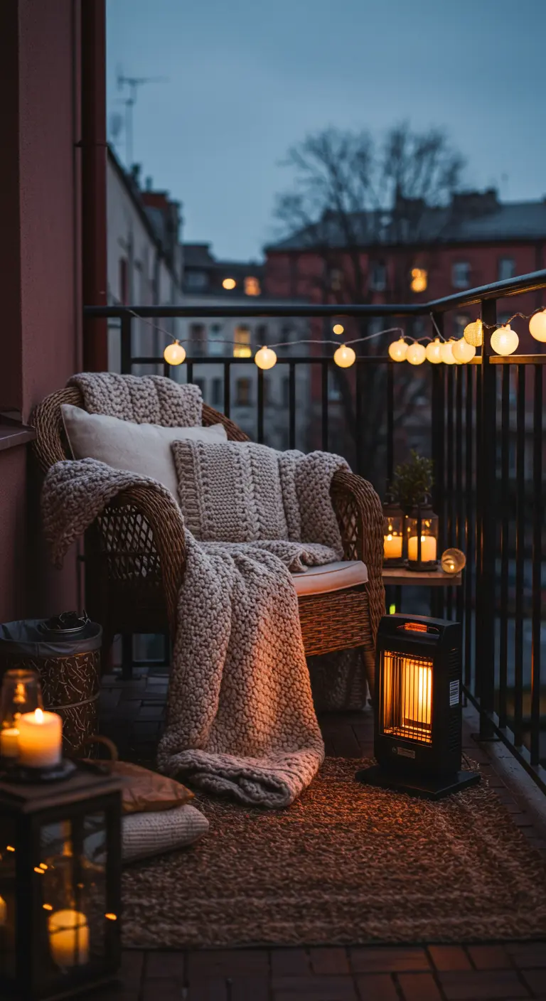 Fauteuil en osier avec plaid, chauffage et guirlandes sur un balcon le soir.