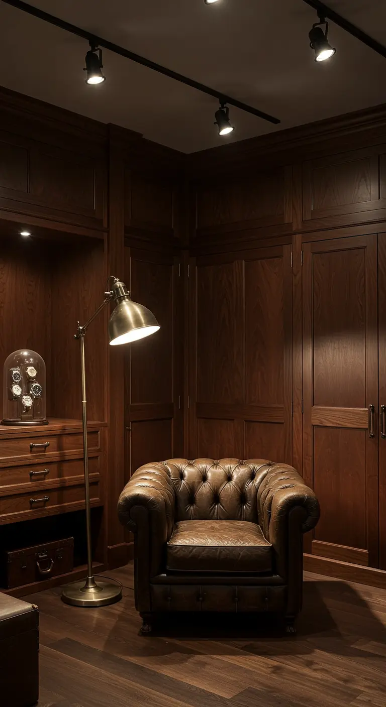 Coin lecture avec fauteuil en cuir Chesterfield et lampadaire en laiton.