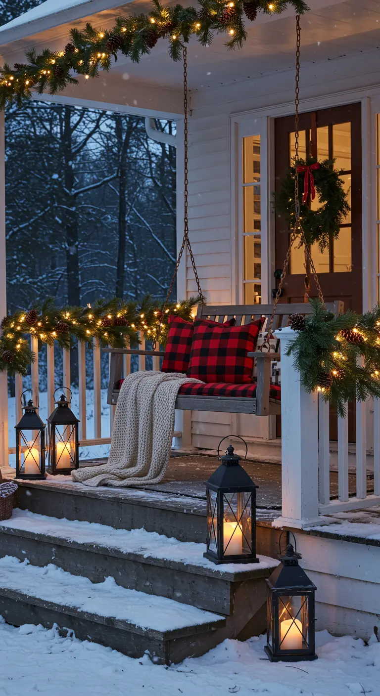 Porche d'hiver avec balancelle, coussins à carreaux, guirlandes et lanternes.