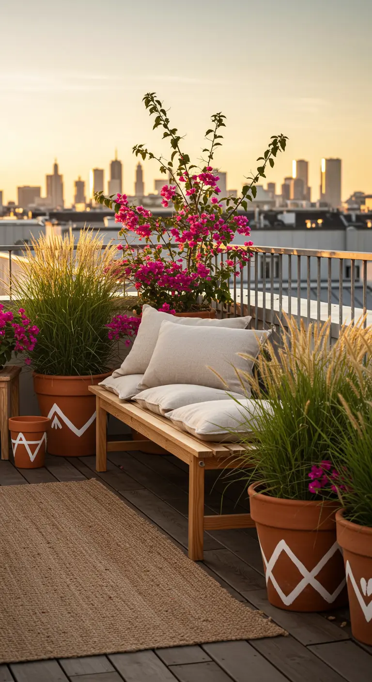 Banc en bois clair et pots peints sur un toit-terrasse au coucher du soleil.
