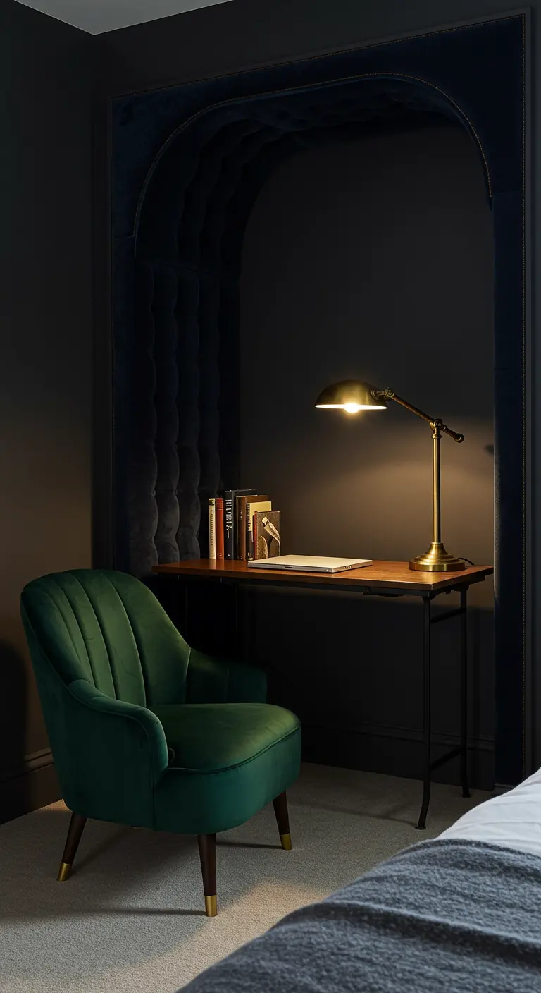 Bureau de travail dans une alcôve sombre avec un fauteuil en velours vert.