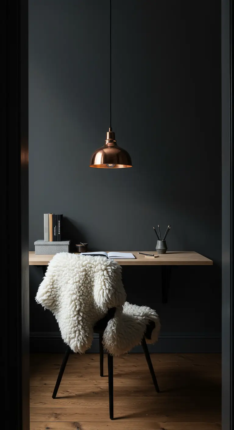 Bureau flottant dans une niche sombre avec une suspension en cuivre et une peau de mouton blanche.
