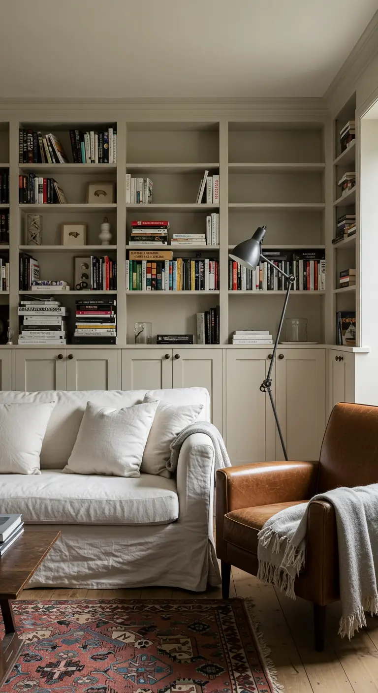 Salon bibliothèque avec étagères intégrées, canapé en lin et fauteuil en cuir.