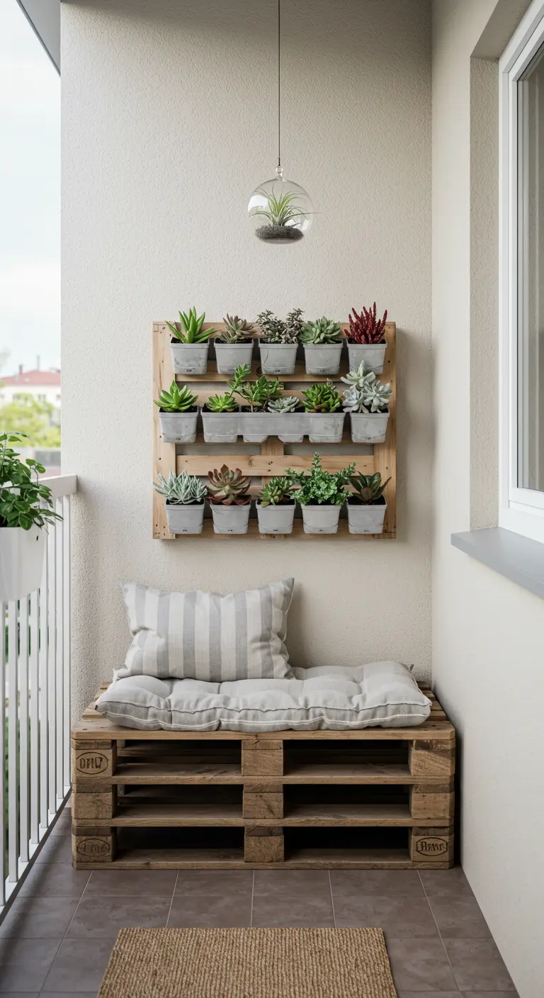 Banc en palette avec coussins et un mur de succulentes sur un petit balcon.